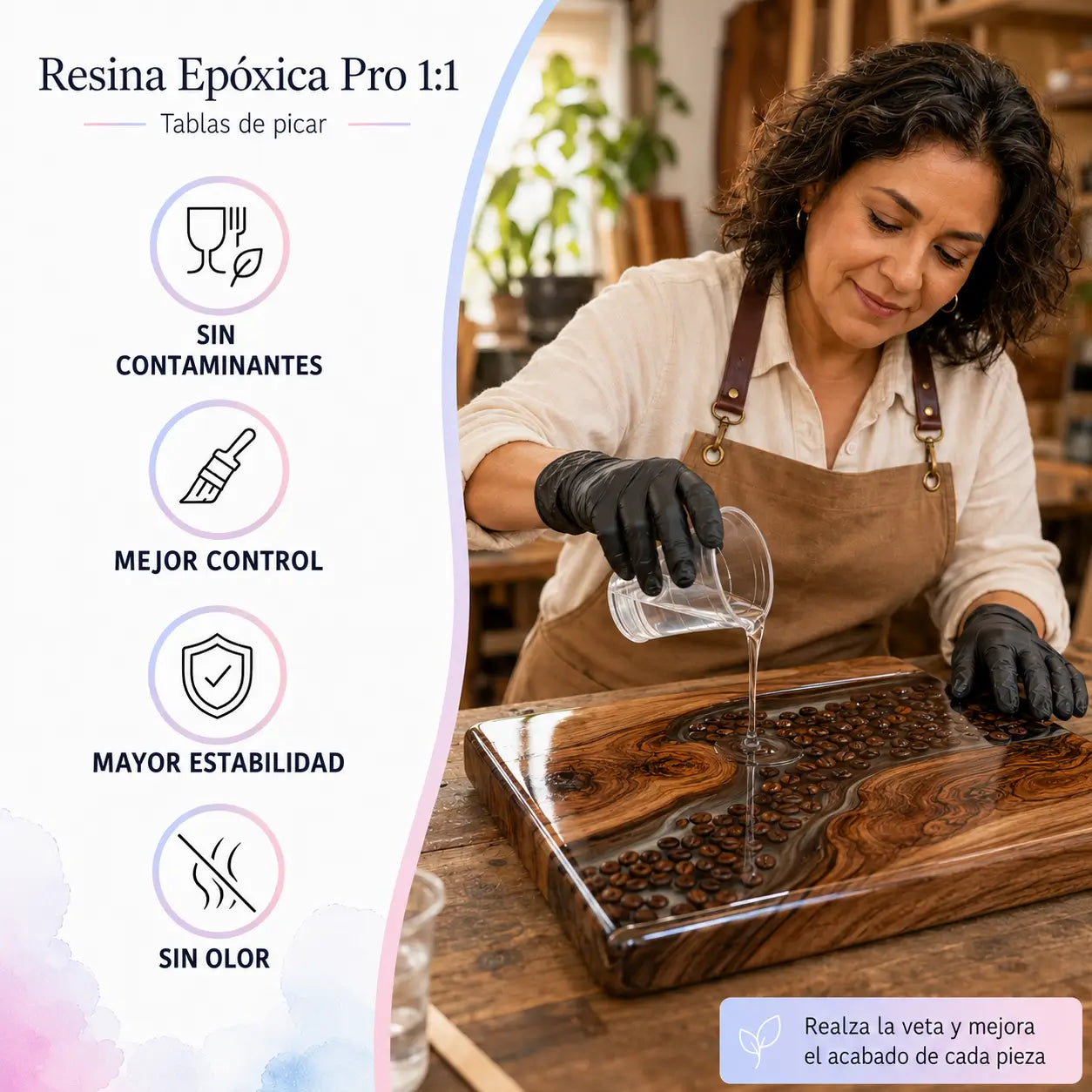 Artista trabajando en una tabla con resina epóxica y café