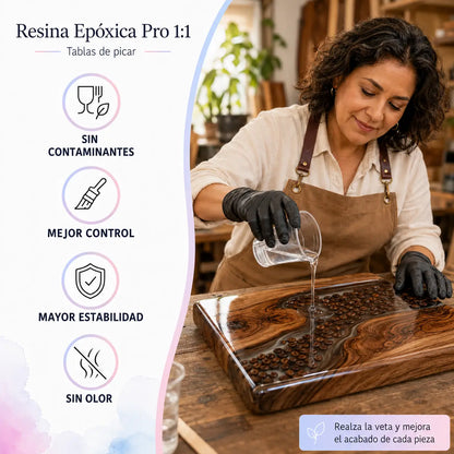 Artista trabajando en una tabla con resina epóxica y café