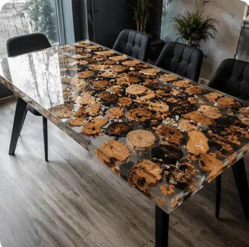 Cubierta con resina epóxica con rodajas de madera