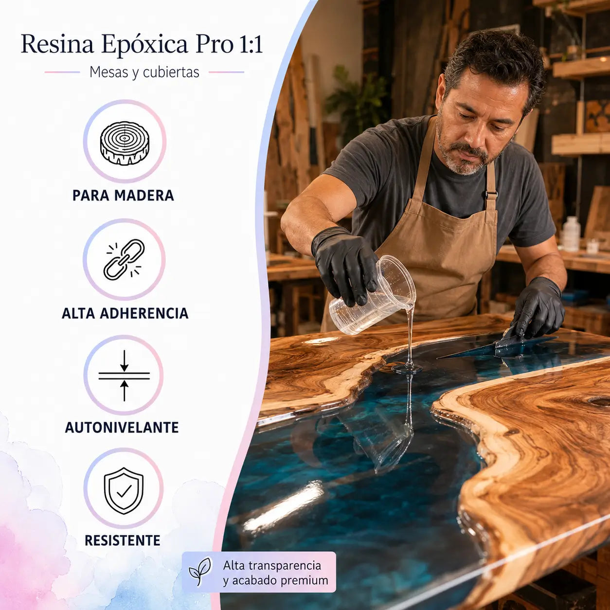 Mesa decorativa azul con resina epóxica autonivelante de acabado cristalino