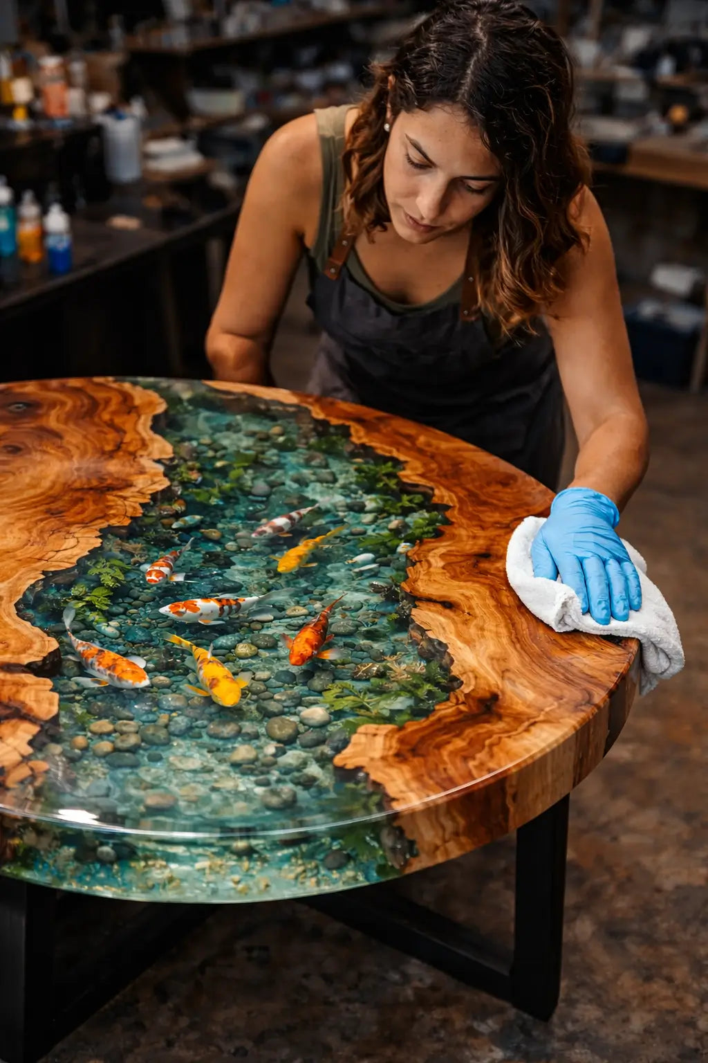 Mujer con rodaja de madera y resina epóxica
