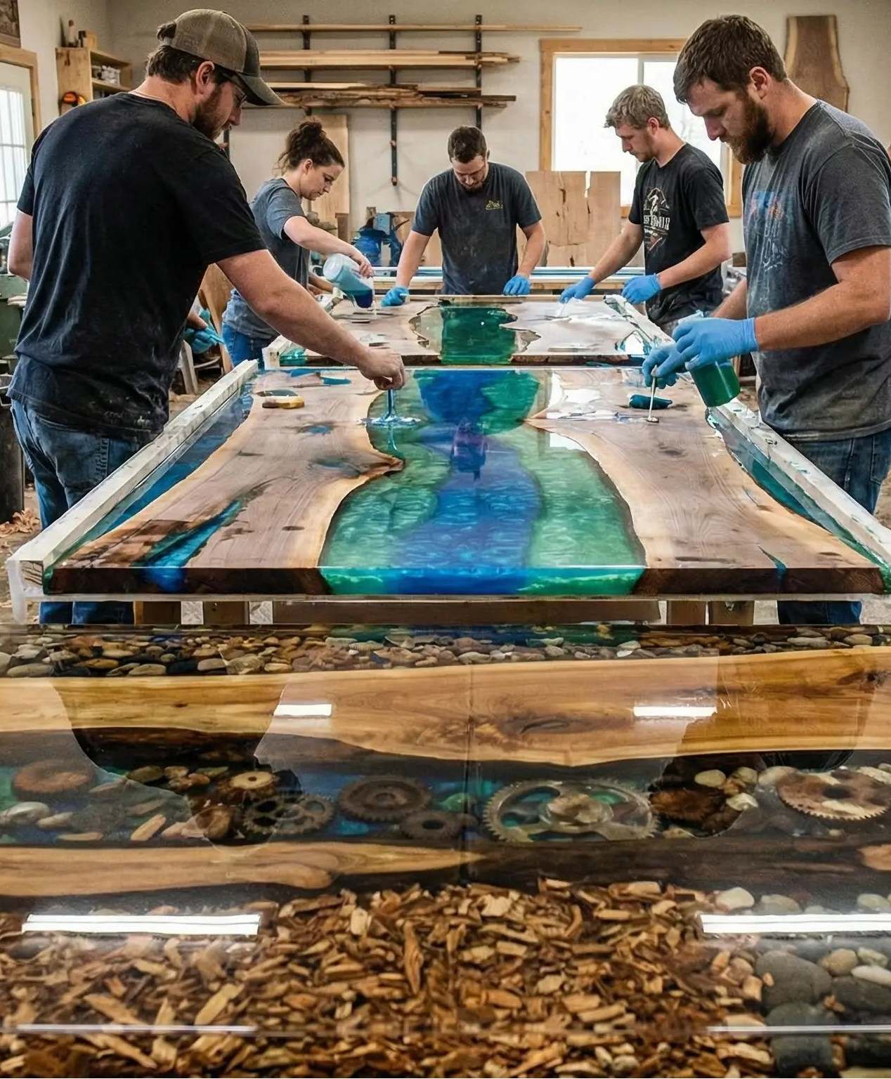 Personas trabajando con mesa de río epóxico