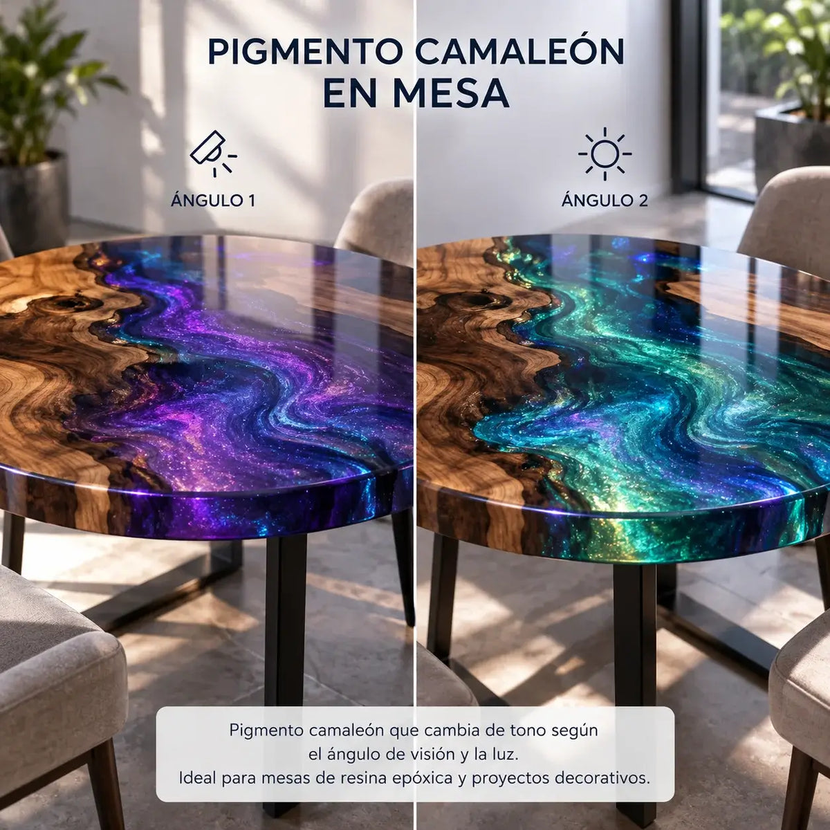 Pigmento camaleón verde, azul y violeta en mesa
