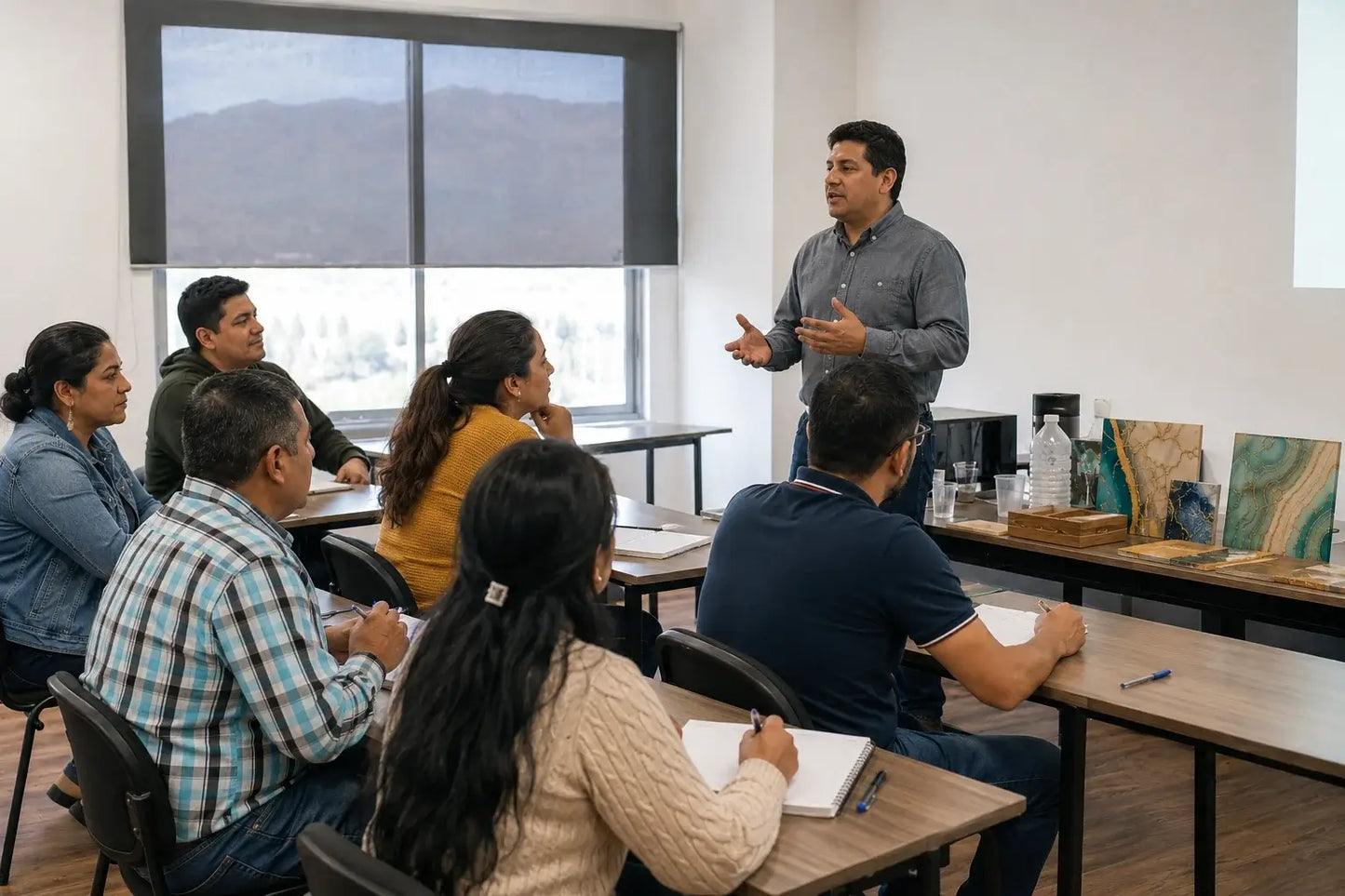 Profesor dando clase grupal de resina epóxica